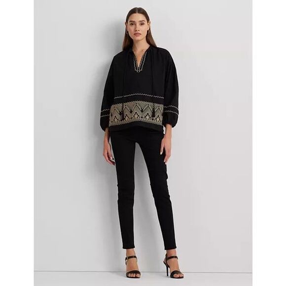 Lauren Ralph Lauren Embroidered Cotton Tassel Top Blouse New Medium - Picture 4 of 11
